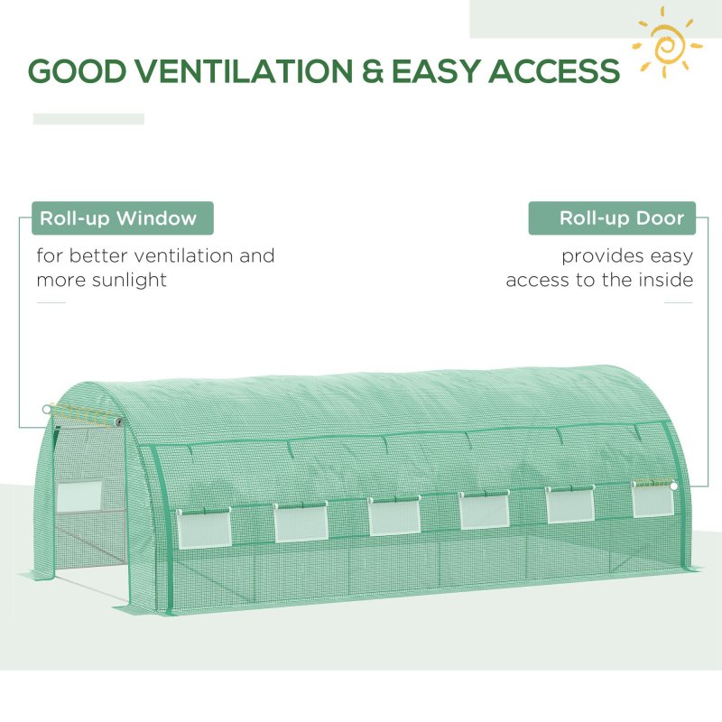 Outsunny 6 x 3 x 2 m Polytunnel Greenhouse with Roll-up Side Walls, Walk-in Grow House Tent with Steel Frame, Reinforced Cover, Zipped Door and 12 Mesh Windows for Garden, Green