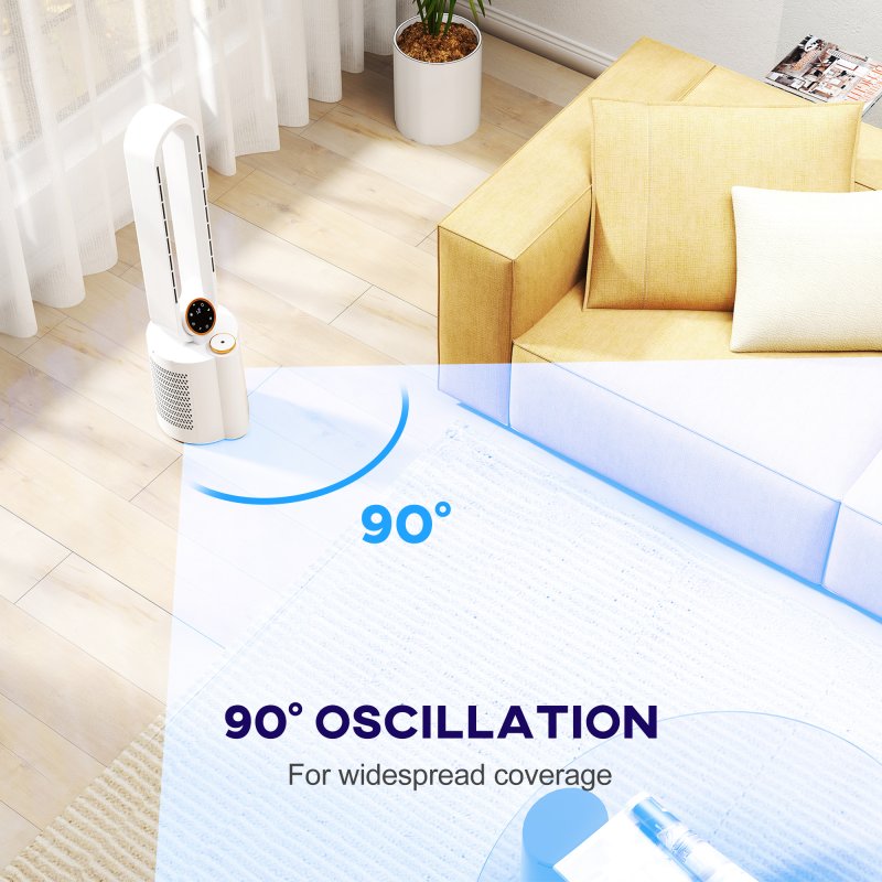 HOMCOM Bladeless Tower Fan with UV Sterilisation & Humidifier, 3-in-1 Air Cooling Fan with Oscillation, 12-Speed, Remote Control, 8H Timer, Sleep Mode, for Home Office, White