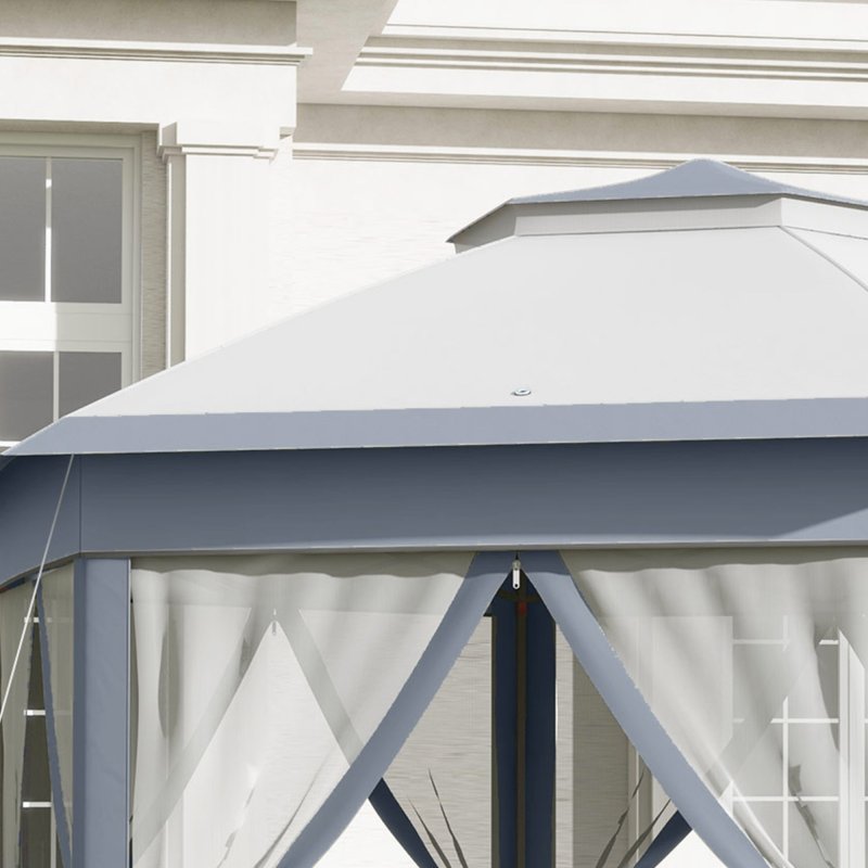 Outsunny 3 x 4m Garden Gazebo Hexagon Pop Up Gazebo Party Tent Canopy Double Roof Instant Shelter with Netting and Carry Bag for Outdoor Patio, Grey