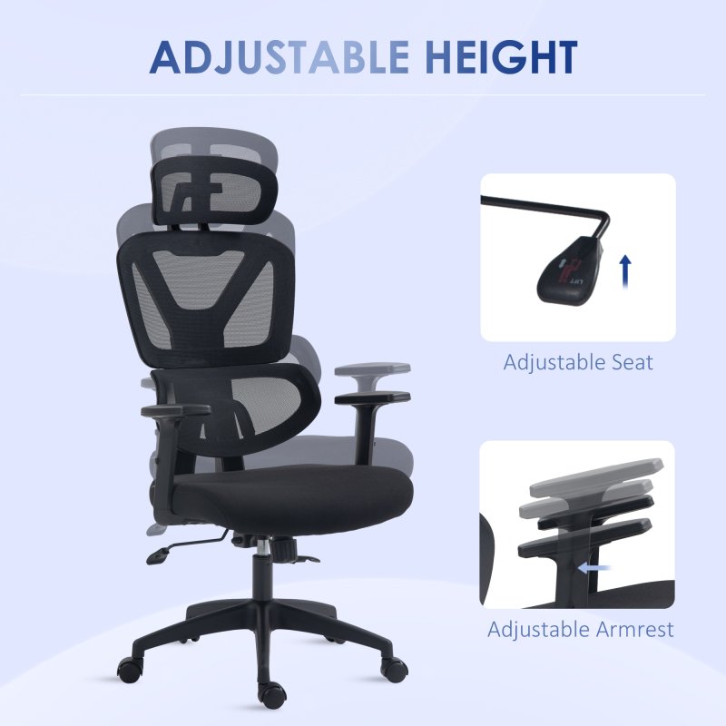 Vinsetto Ergonomic Office Chair, Mesh Swivel Desk Chair with Lumbar Support, Padded Seat, Adjustable Height and Headrest for Home Office, Black