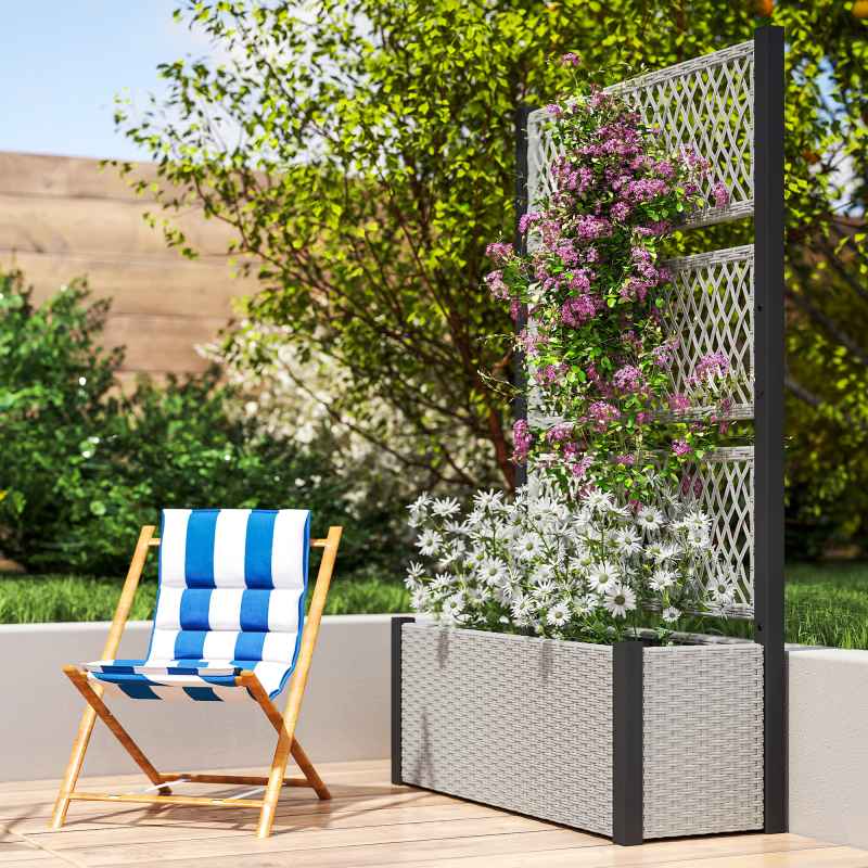 Outsunny Garden Planter Box with Trellis, Liner, Rattan Raised Bed, Trough Planter with Topped Trellis for Climbing Plants, Vegetables, Flowers, 90 x 35 x 148 cm, Mixed-grey