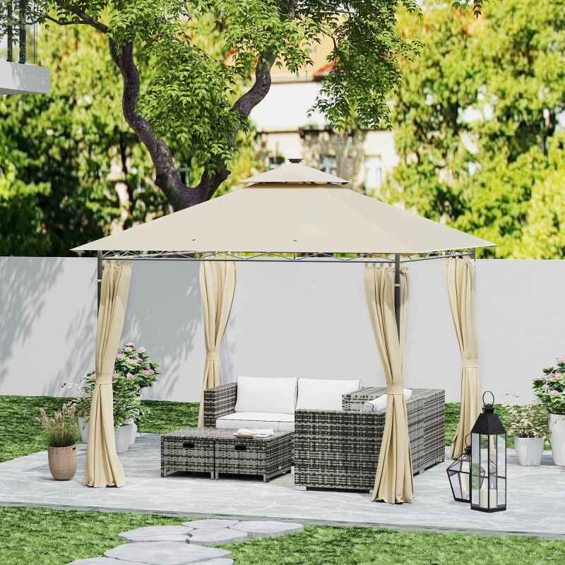 Outsunny 3 x 3 m Garden Gazebo, Double Roof Metal Gazebo with Curtains and Solar-Powered LED Lights, Outdoor Canopy Shelter for Patio, Deck, Beige