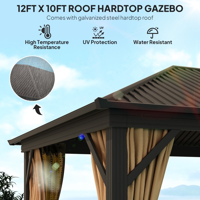 Outsunny 3 x 3.6m Outdoor Hardtop Gazebo Metal Roof Patio Gazebo with Aluminium Frame, Mesh Nettings, Curtains, & Roomy Interior Space, Brown