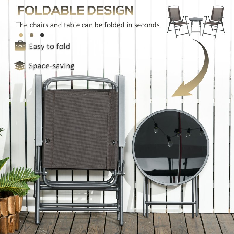 Outsunny Garden Bistro Set, 3 Pieces Table and Chairs Set, Outdoor Garden Furniture with Foldable Breathable Mesh Fabric Armchairs & Glass Top Coffee Table, Brown