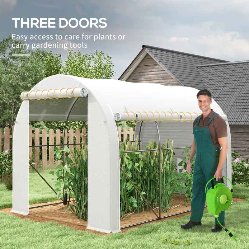 Outsunny 3 x 2 m Polytunnel Greenhouse with Zipped Roll-up Door and Mesh Windows, Walk-in Greenhouse with PE Cover and Galvanised Steel Frame, White