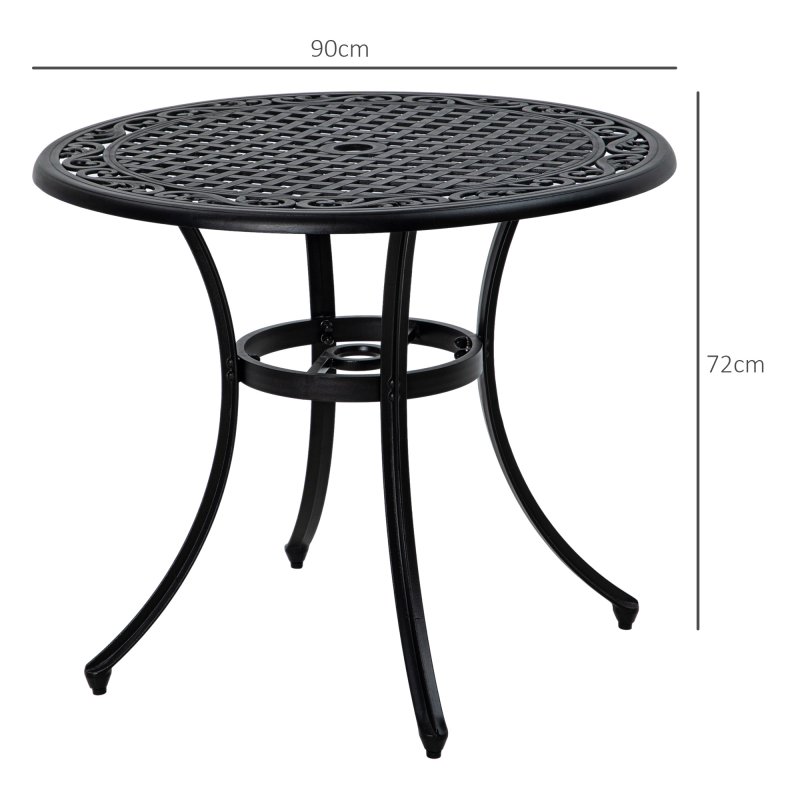 Outsunny Garden Table with Parasol Hole, 90cm Round Outdoor Dining Table for 2-4, Cast Aluminium Bistro Coffee Table for Balcony - Black