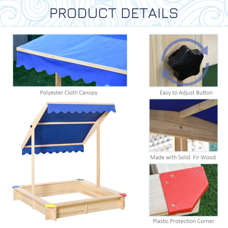 Outsunny Kids Wooden Sand Pit Sandbox Children Square Outdoor Playset Adjustable Canopy Bench Seat 120x120x120cm