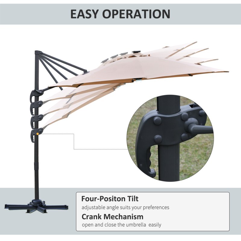 Outsunny 3(m) Cantilever Roma Parasol Garden Sun Umbrella Outdoor Patio with 360 Rotation Crank & Tilt Aluminium Frame LED Solar Light Cross Base, Brown