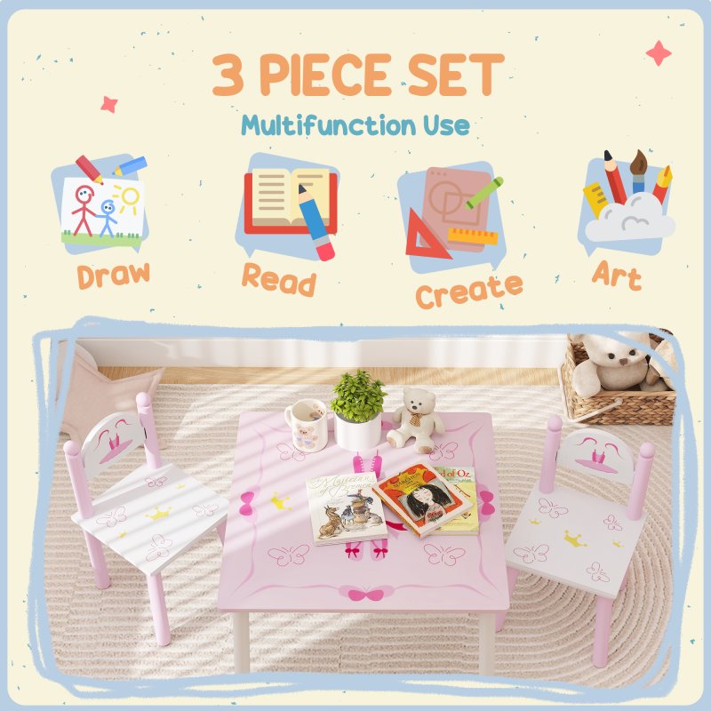 AIYAPLAY Toddler Table and Chair Set, Princess Design Kids Table and 2 Chairs Set, for Activities, Art, Drawing, for Playroom, Nursery, Pink