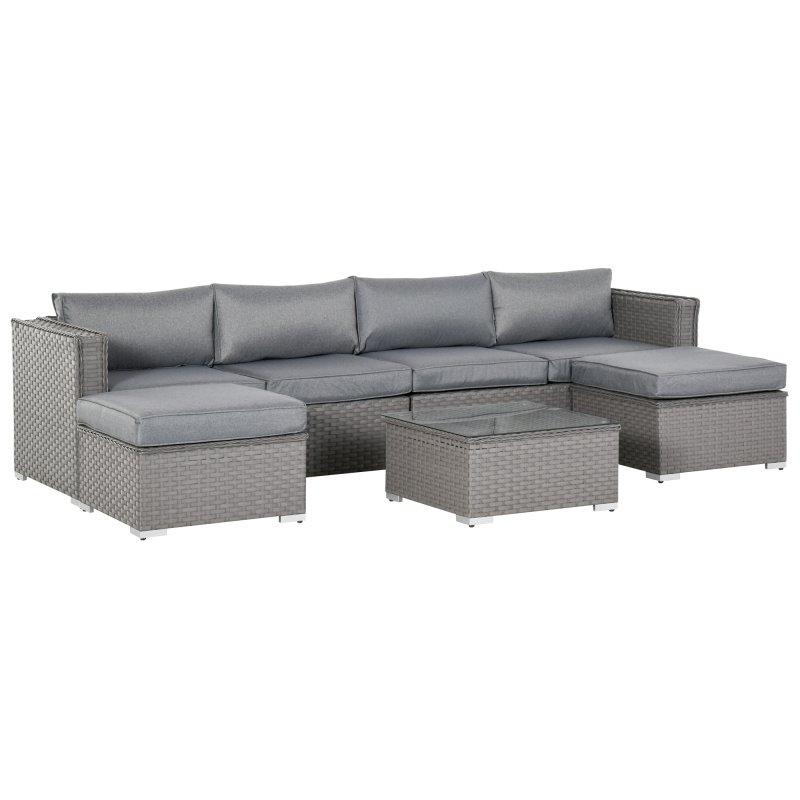 Outsunny 5 Pieces Rattan Garden Furniture Set, Wide & Deep Garden Sofa with Thickened Cushions, Outdoor Furniture Conservatory Set with Loveseats, Footstools and Glass Top Table for Patio, Grey