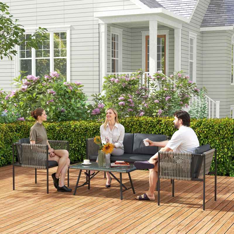 Outsunny 4 Piece Rattan Garden Furniture Set, 4 Seater Wicker Outdoor Furniture Set with 2 Armchairs, Loveseat, Glass Top Coffee Table and Cushions for Balcony, Porch, Grey