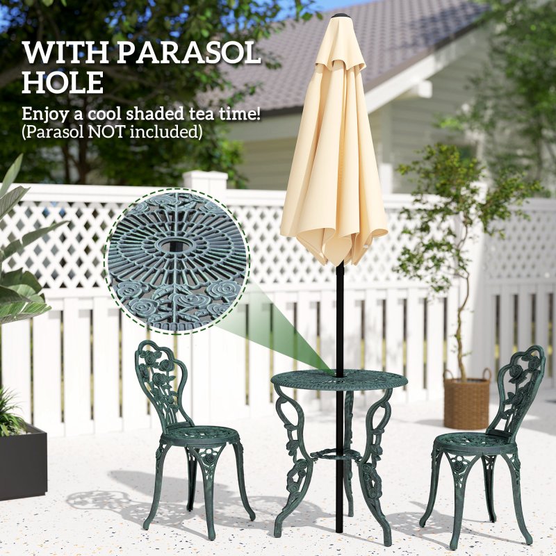 Outsunny Garden Bistro Set with Umbrella Hole, 3 Piece Cast Aluminium Garden Furniture Set, Antique Floral Round Coffee Table and Chairs, Small Balcony Furniture for Outdoor, Patio, Green