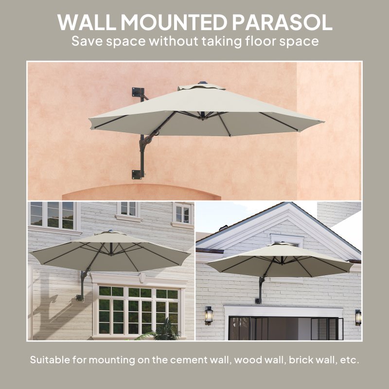 Outsunny 3 M Wall Mounted Garden Parasol Umbrella with Rotate, Outdoor Market Umbrella Sun Shade Canopy with 8 Ribs, Light Grey