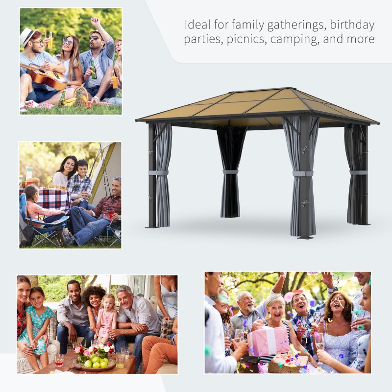 Outsunny 3 x 3.6m Hardtop Gazebo Canopy with Polycarbonate Roof, Aluminium Frame, Permanent Pavilion Garden Gazebo with Netting and Curtains - Grey