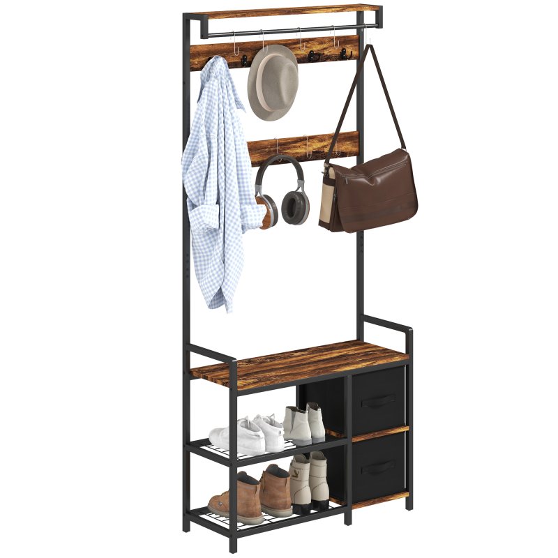 HOMCOM Coat Rack with Bench and Shoe Storage, 4-in-1 Coat Stand with 15 Coat Hooks, 2 Fabric Drawers for Hallway, Living Room, Bedroom, Rustic Brown