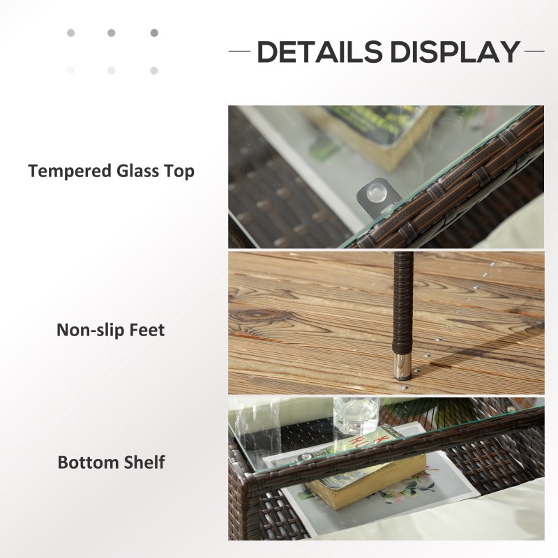 Outsunny 2 Seat Rattan Garden Bench, Patio Wicker Chair with Glass Tea Table, Outdoor Love Seat with Padded Cushions, for Garden, Porch, Brown/Cream White