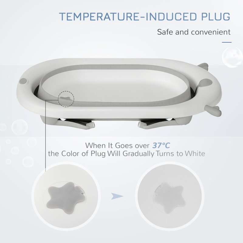 HOMCOM Foldable Baby Bathtub Set, Collapsible Bath Tub with Thermostatic Water Plug, Non-Slip Support, Cushion Pad, Drain Plugs, for Newborn to 3 Years - Offwhite
