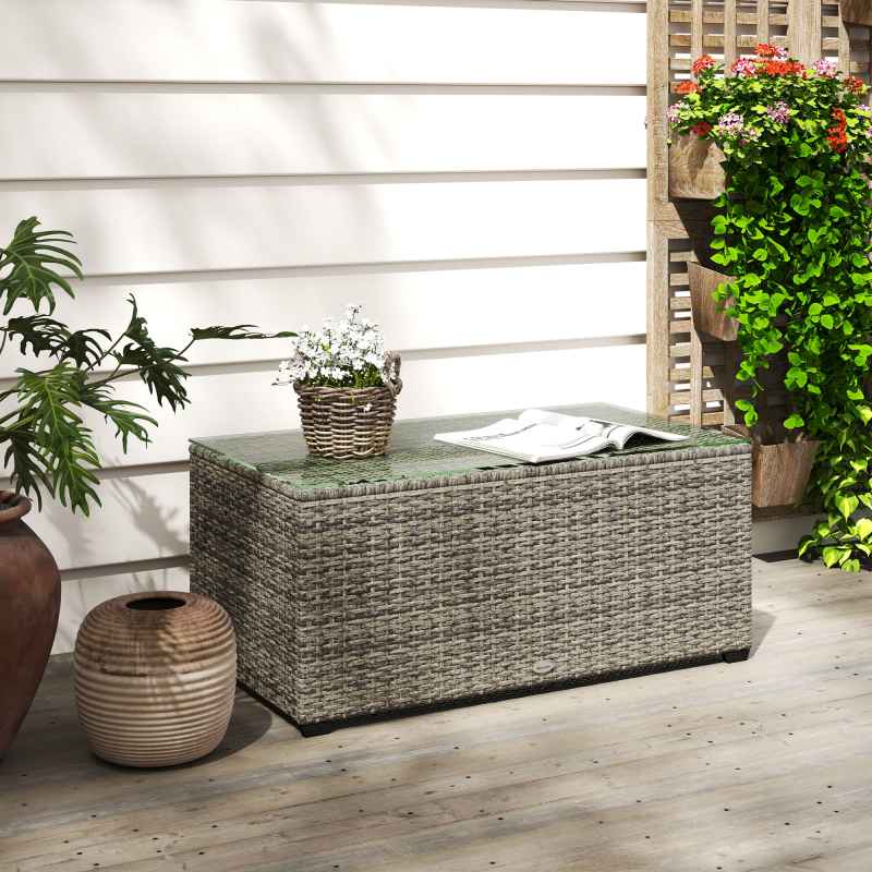 Outsunny Outdoor Coffee Table, PE Rattan Side Table with Tempered Glass Top, Wicker Rectangular Garden Coffee Table End Table with Steel Frame for Patio, Balcony, 90 x 50 x 38cm, Dark Grey