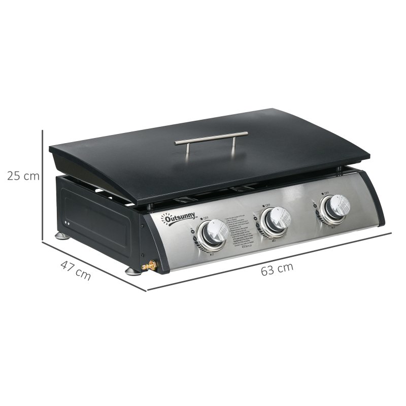 Outsunny Gas Plancha Grill with 3 Stainless Steel Burner, 7.5kW, Portable Tabletop Gas BBQ with Non-Stick Griddle and Lid for Camping Picnic Garden Party Festival