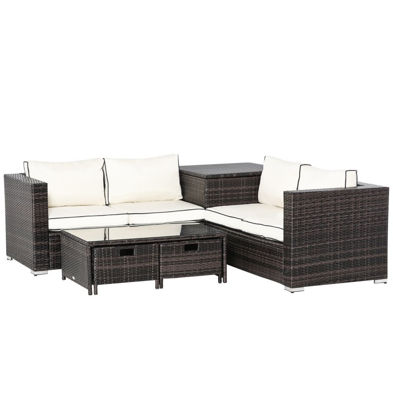 Outsunny 4 Pieces Rattan Garden Furniture Set, 4 Seater Corner Sofa Set with Storage Box, 2 Drawers Coffee Table, Loveseats with Cushions, Wicker Garden Conservatory Furniture for Balcony, Brown