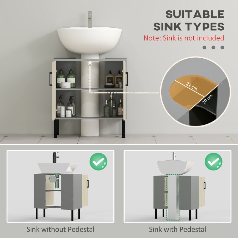 kleankin Under Sink Cabinet, Bathroom Sink Cabinet, Floor Basin Storage Cupboard with Double Doors and Shelf, 60 x 30 x 60 cm, Natural Tone