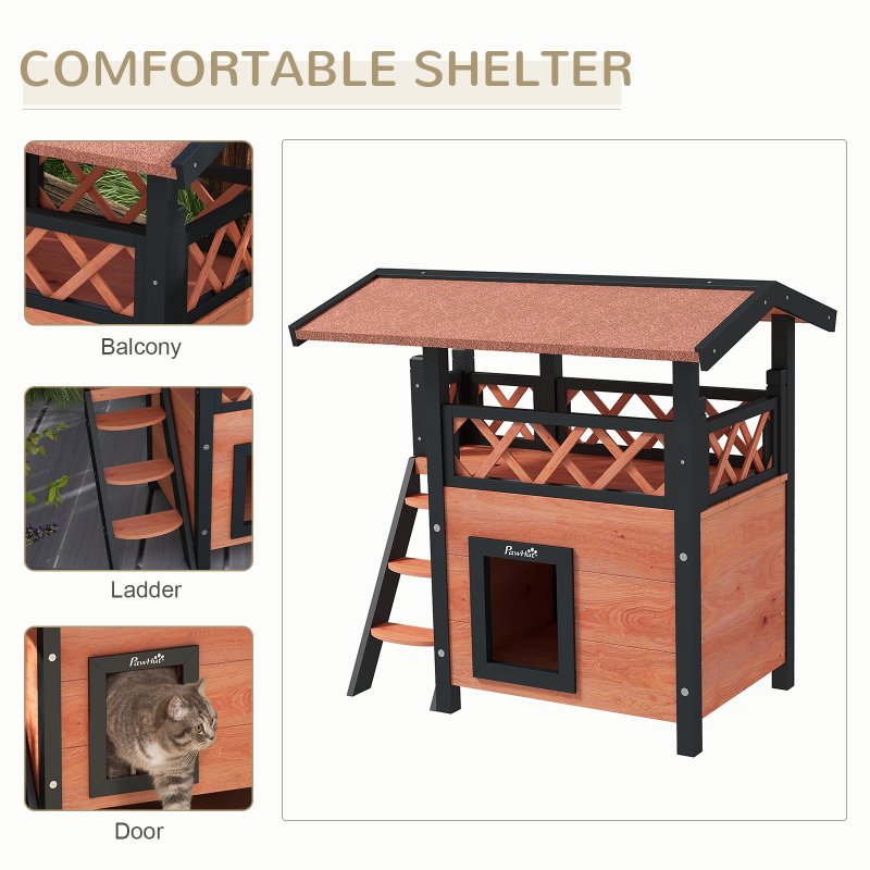PawHut Outdoor Cat House Kitten Shelter Puppy Kennel with Balcony Stairs Asphalt Roof, 77 x 50 x 73 cm, Brown