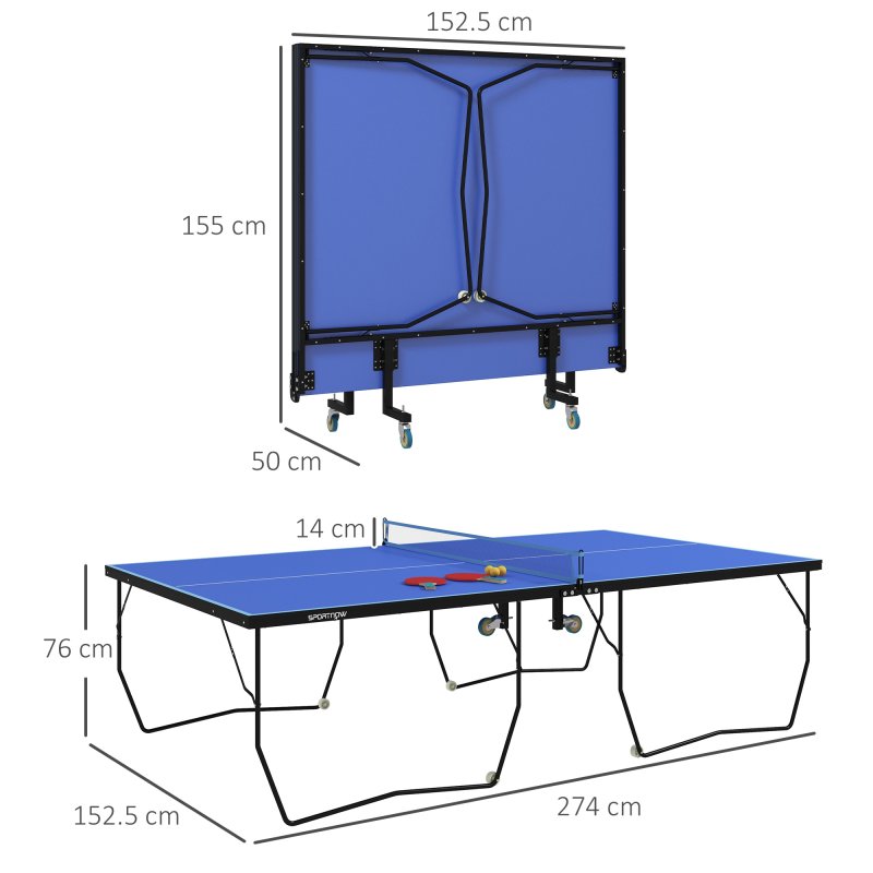 SPORTNOW 9FT Folding Table Tennis Table, Portable Full-Size Ping Pong Table w/ 8 Wheels, 2 Bats, 3 Balls, Quick Set-Up Indoor Game Table - Blue