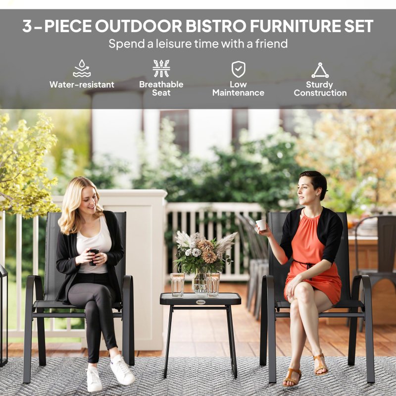 Outsunny Garden Bistro Set, 3 Piece Garden Furniture Set with Stackable Armchairs and SPC Board Coffee Table, Bistro Table and Chairs with Texteline Seats for Balcony, Porch, Black
