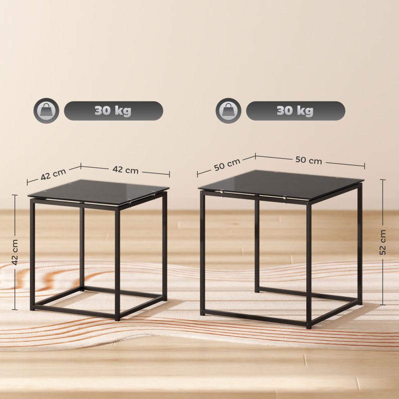 HOMCOM Nest of Tables, Set of 2 Coffee Table, Side Tables with Tempered Glass Desktop and Metal Frame for Living Room, Bedroom, Office