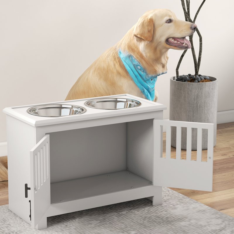 PawHut Raised Dog Bowls for Large Dogs, Pet Feeding Station, Doors with Latch, Storage Cabinet, Two Stainless Steel Bowls - White