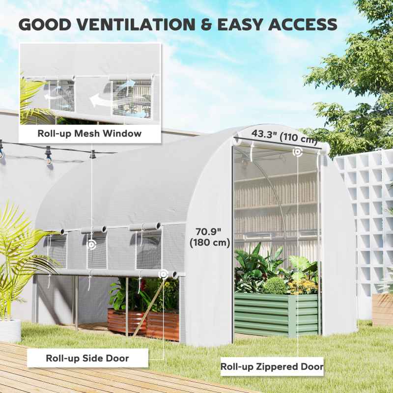 Outsunny 3 x 2 x 2m Polytunnel Greenhouse with Roll-up Sidewalls, Door and 6 Mesh Windows, Walk In Green House with UV-resistant PE Cover, White