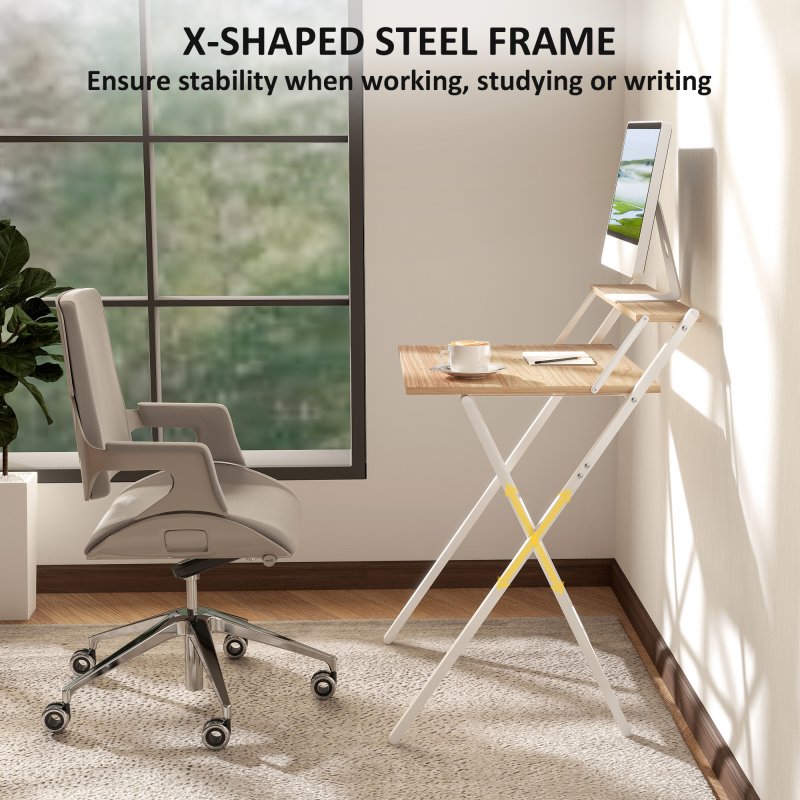 HOMCOM Folding Desk with Monitor Shelf, 70 cm Foldable Computer Desk for Small Spaces, Space Saving Writing Table Workstation for Home Office, Study, Easy Assembly