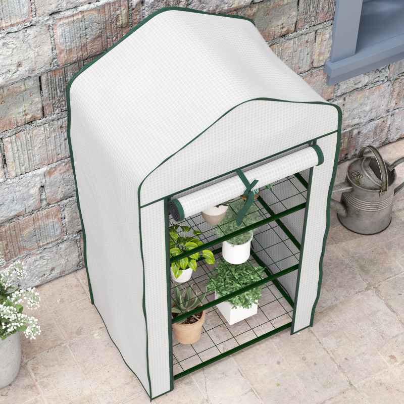 Outsunny 3 Tier Mini Greenhouse with Reinforced PE Cover, Portable Indoor Outdoor Greenhouse with Roll-up Door and Wire Shelves, 127H x 59W x 39D cm, White