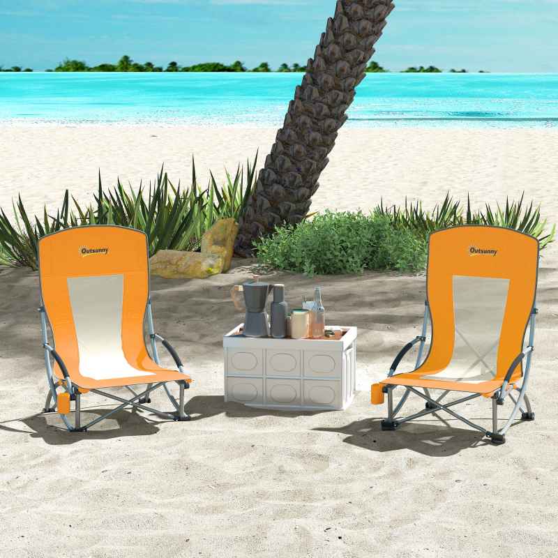 Outsunny Set of 2 Folding Beach Chair, Low Camping Chair with Mesh Back, Carry Bag and Cup Holder for Garden Outdoor Picnic Festival Travel, Orange
