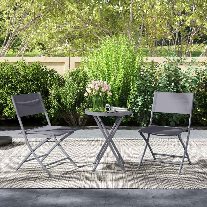 Outsunny 3 Pieces Outdoor Bistro Set, Glass Top Outdoor Table and 2 Folding Chairs, Garden Furniture Set with Protecting Feet, Steel Frame, Easy Clean, Grey