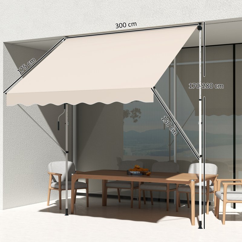 Outsunny Balcony 3 x 1.5m Manual Adjustable Awning, DIY Patio Clamp Awning Canopy, Retractable Shade Shelter Easy to Move for Balcony, Beige