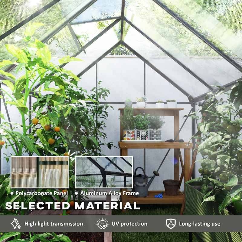 Outsunny 6 x 8ft Polycarbonate Greenhouse, Large Walk-In Greenhouse with Adjustable Roof Vent, Garden Green House with Galvanised Base, Sliding Door and Rain Gutter, Dark Grey