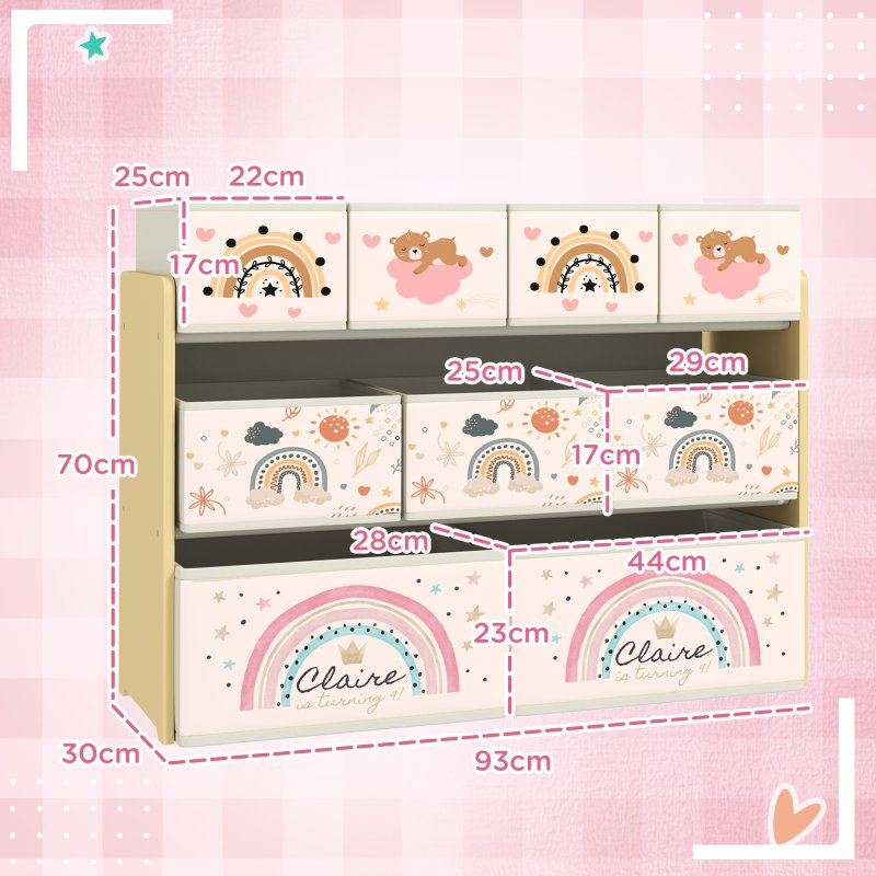 AIYAPLAY Kids Toy Storage Unit, 3-Tier Toy Organiser Shelf with 9 Non-Woven Fabric Boxes for Toys, Books, Dinosaur-Style Toy Storage Organiser for Bedroom, Nursery, Yellow