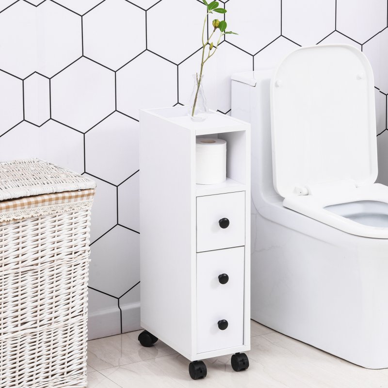 kleankin Slimline Bathroom Storage Unit w/ 2 Drawers 2 Open Compartments Wheels Handles Freestanding Compact Home Office Furniture 