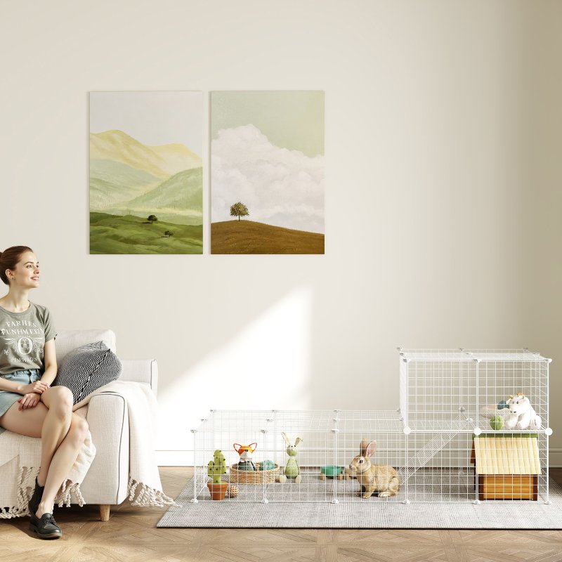 PawHut DIY Pet Playpen Metal Wire Fence Indoor Outdoor Rabbit Small Animals Cage 36 Panel Enclosure, White
