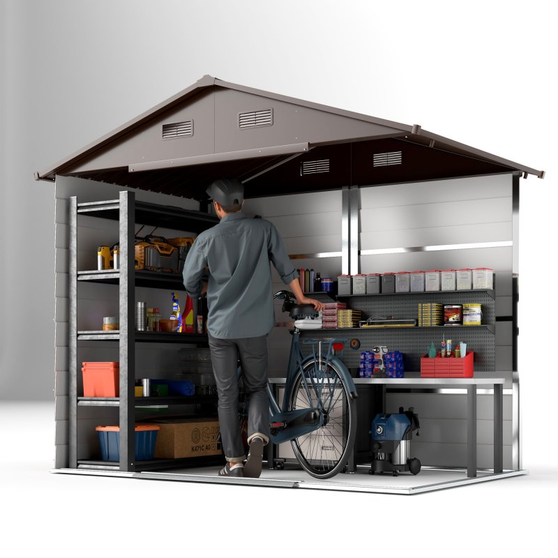 Outsunny 8 x 6ft Metal Garden Shed, House Hut Gardening Tool Storage with Ventilations, Sliding Door, Sloped Roof for Garden, Patio, Brown Wood Effect