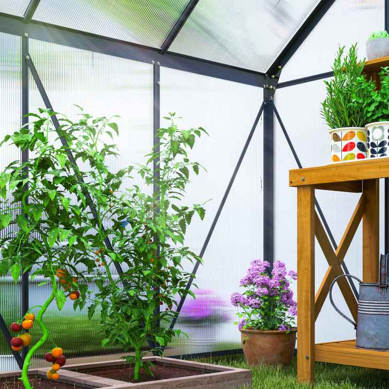 Outsunny Polycarbonate Greenhouse, Small Greenhouse with Adjustable Roof Vent, Garden Green House with Galvanised Base, Sliding Door and Rain Gutter, 190 x 190 x 200 cm, Grey