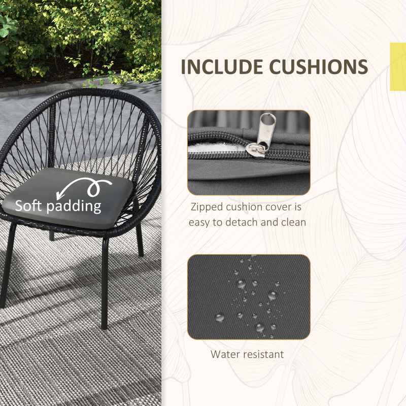 Outsunny 3 Pieces Rattan Bistro Set, Wicker Garden Furniture Set with Round Metal Top Coffee Table and Chairs, Washable Cushions for Outdoor, Patio, Balcony, Black