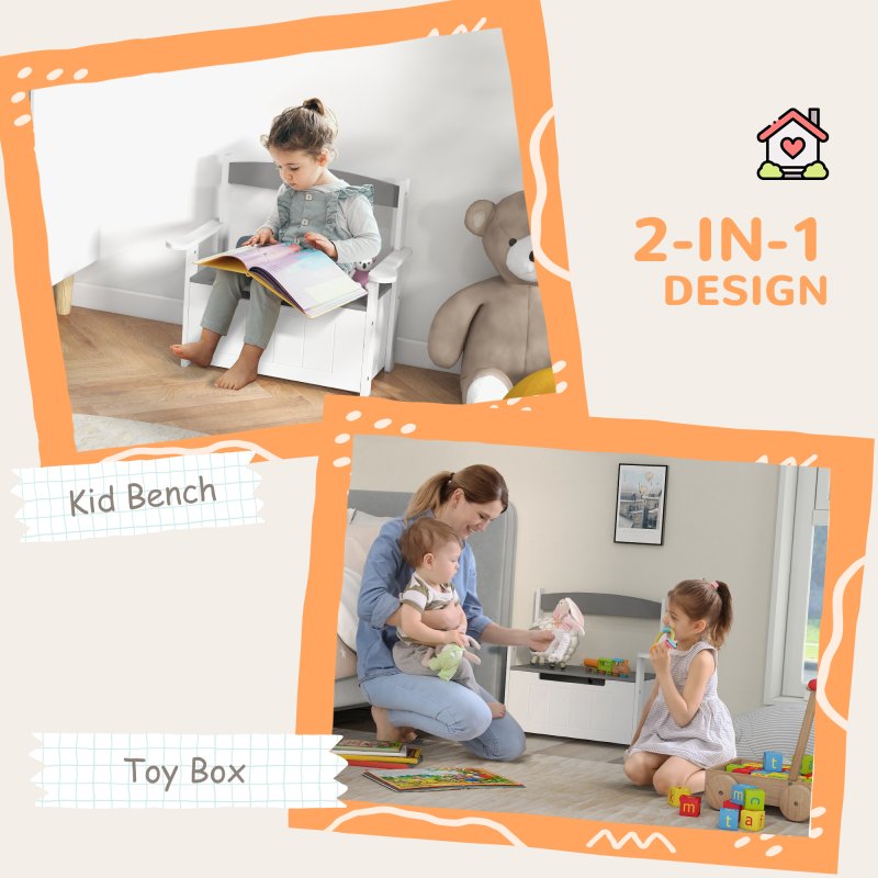 AIYAPLAY Toy Box, 2 in 1 Toy Storage Chest Kids with Lid, Large Toy Storage Organiser Bench for Bedroom, Nursery, Playroom, Grey