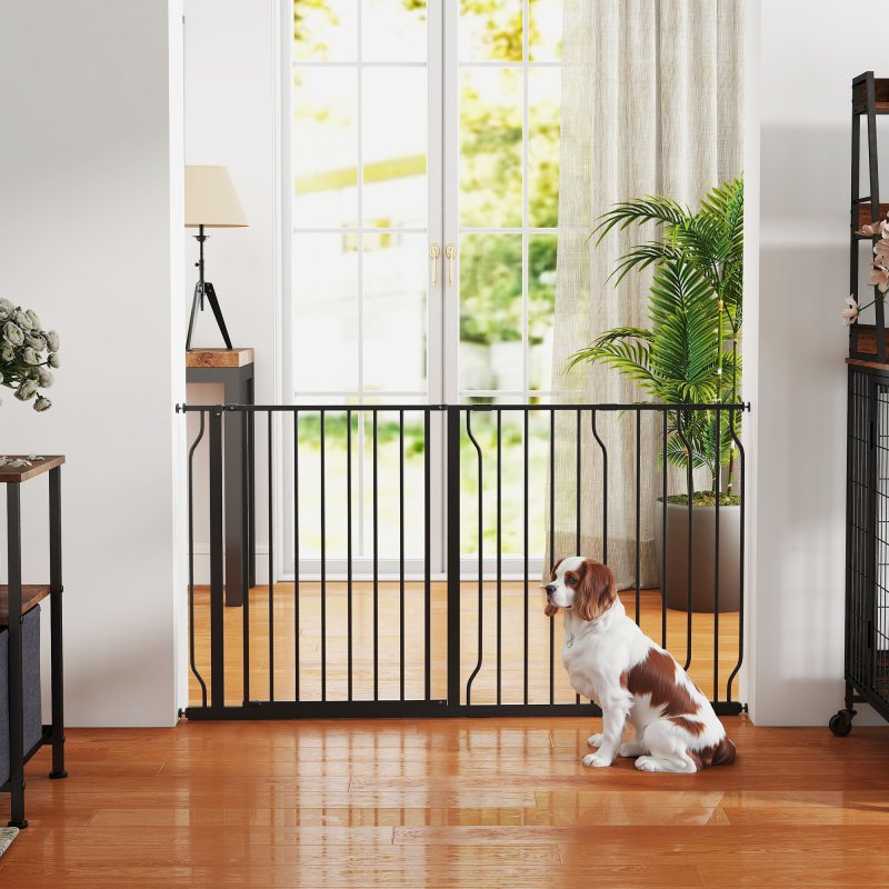 PawHut Dog Gate Wide Stair Gate w/ Door Pressure Fit Pets Barrier for Doorway, Hallway, 76H x 75-145W cm - Black