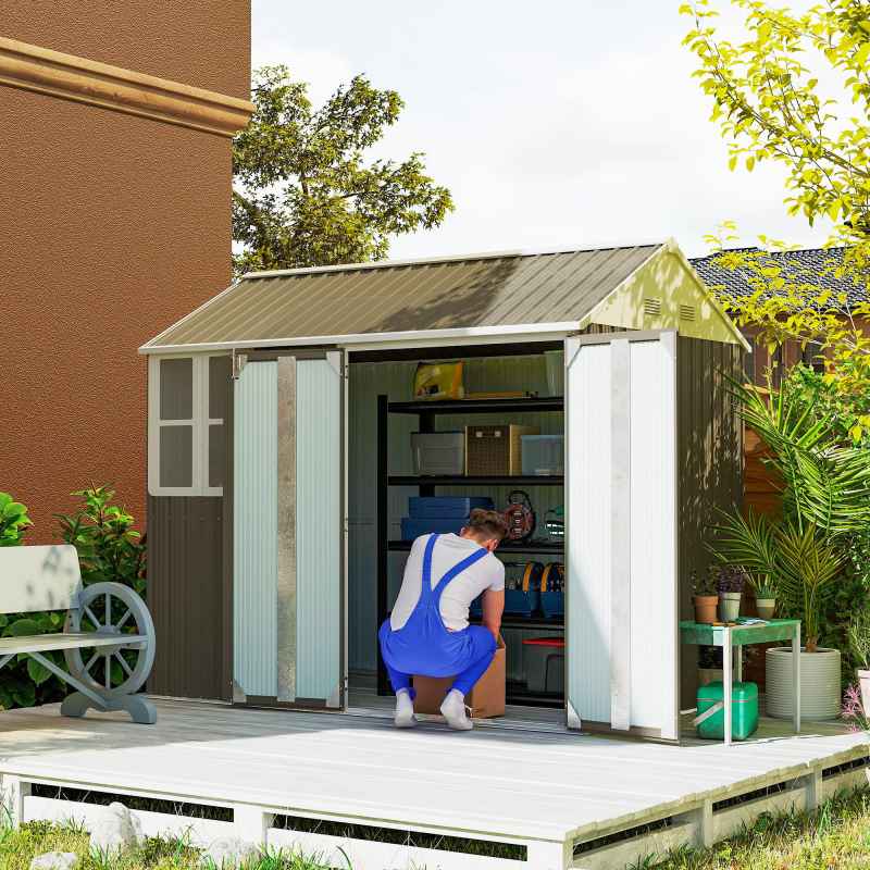 Outsunny 8 x 6 ft Garden Shed, Metal Shed with Double Doors, Window and Air Vents, Galvanised Outdoor Lockable Tool Storage House, Grey