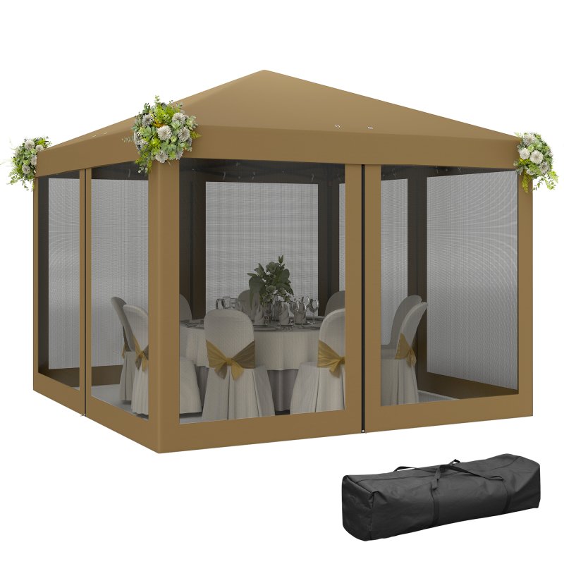 Outsunny 3 x 3m Pop Up Gazebo, 420D Garden Tent Canopy with Removable Mesh Sidewall Netting, Carry Bag for Garden Patio Outdoor, Khaki