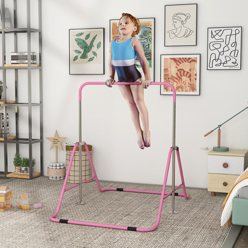 HOMCOM Kids Gymnastic Bar, Foldable Horizontal Bars w/ Adjustable Height, Training Bar w/ Triangle Base - Pink