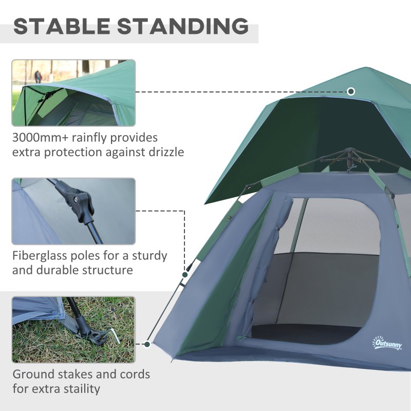 Outsunny 3-4 Person Pop-Up Camping Tent Hiking Family Travel Shelter Portable Double Layer Automatic Outdoor Olive Green