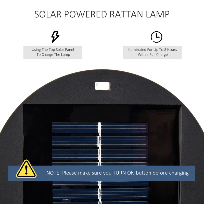 Outsunny Garden Rattan Lamp, 61 cm Tall Solar Rattan Floor Lamp, Solar Garden Light with Auto On/Off LED Light, IP44 Waterproof for Outdoor, Porch, Pathway, Terrace, Black